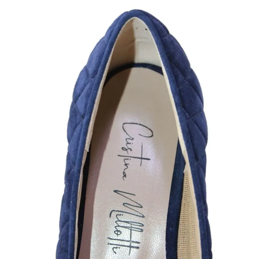 Cristina Millotti Womens Suede Quilted Bow Accent 4083 Ballet Flats Blue Size 7_5